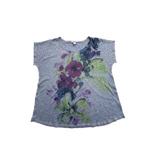 Coldwater Creek Womens 1X Blue Floral Print Short Sleeve Top 100% Polyester